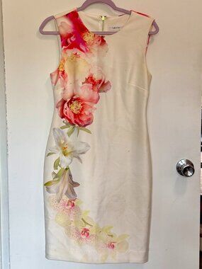 Calvin Klein Ivory Floral Sheath Dress • Size 8 • Sleeveless